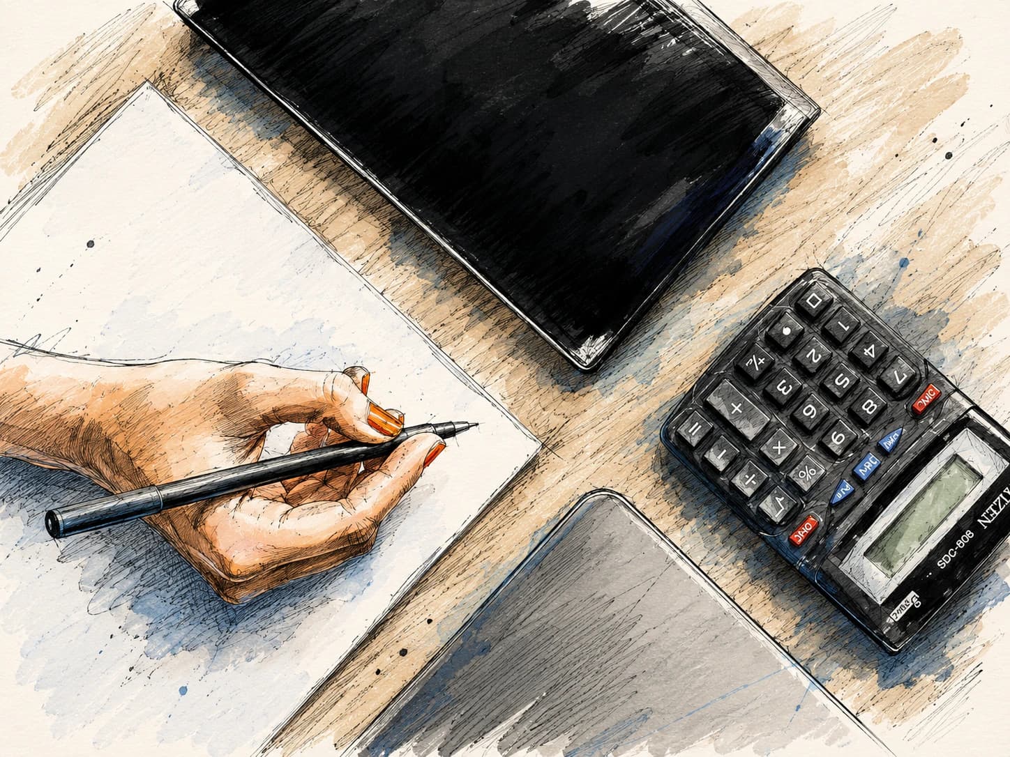 Sketch of a desk with calculator, tablet and notes during a review