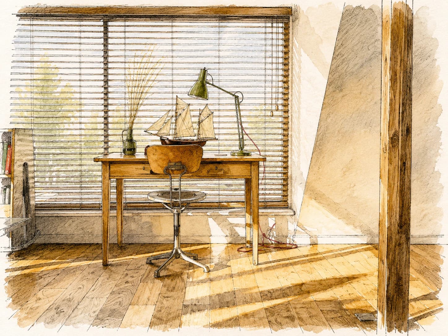 Sketch of a quiet study with a model sailboat on the desk