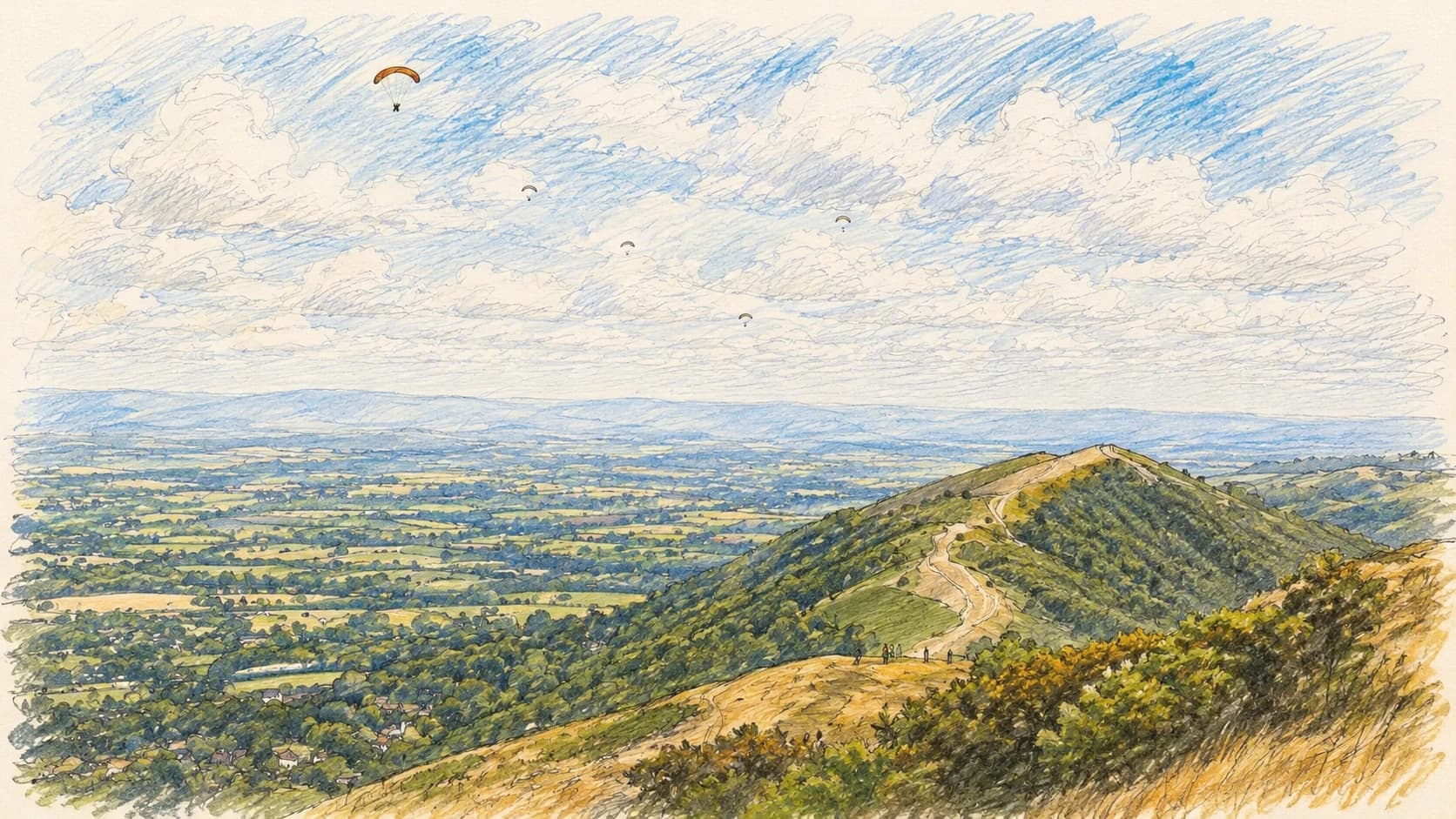 Sketch of the Malvern Hills ridge looking out over Worcestershire