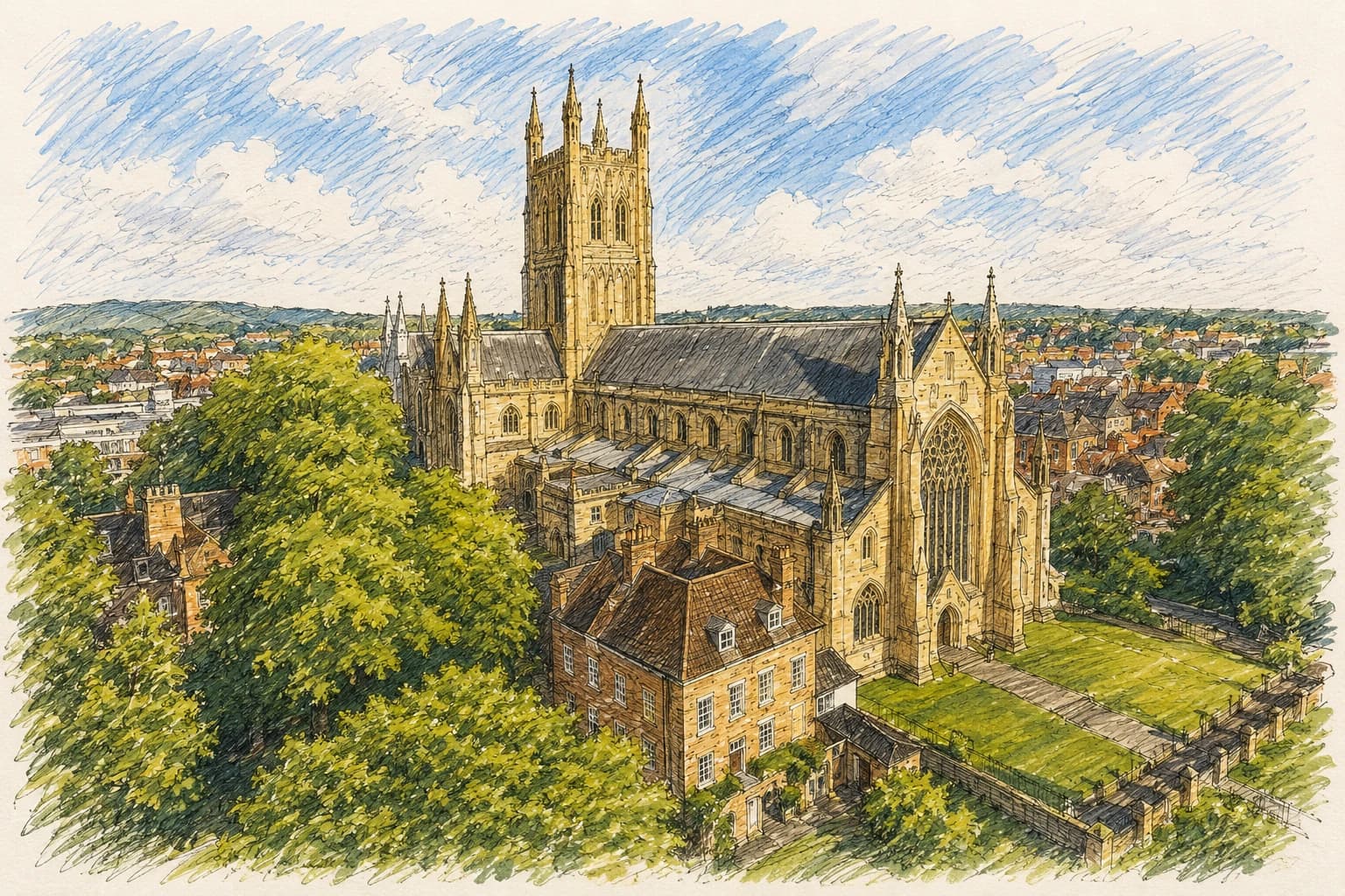 Sketch of Worcester Cathedral from above