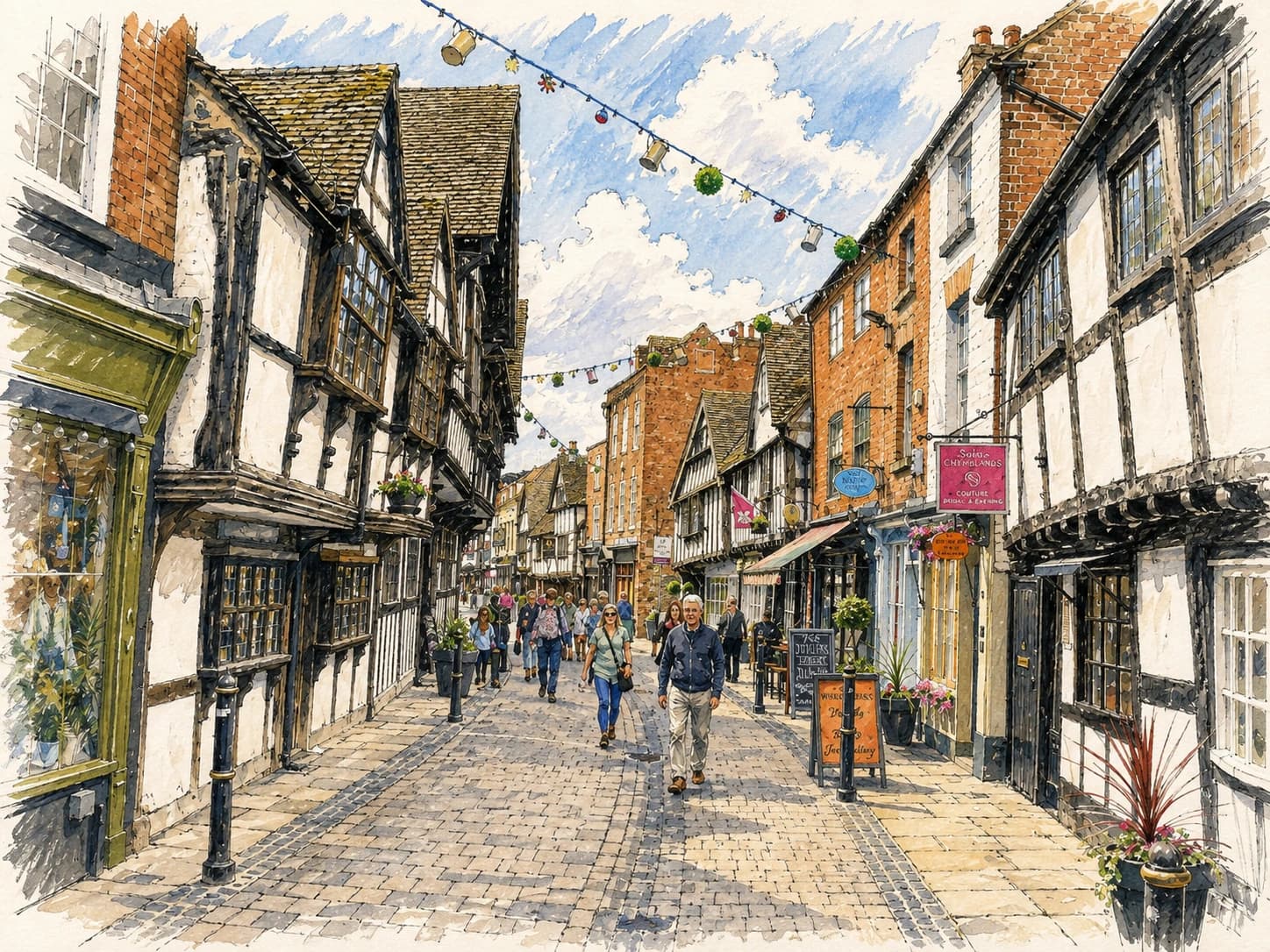 Sketch of a timbered high street in Worcester