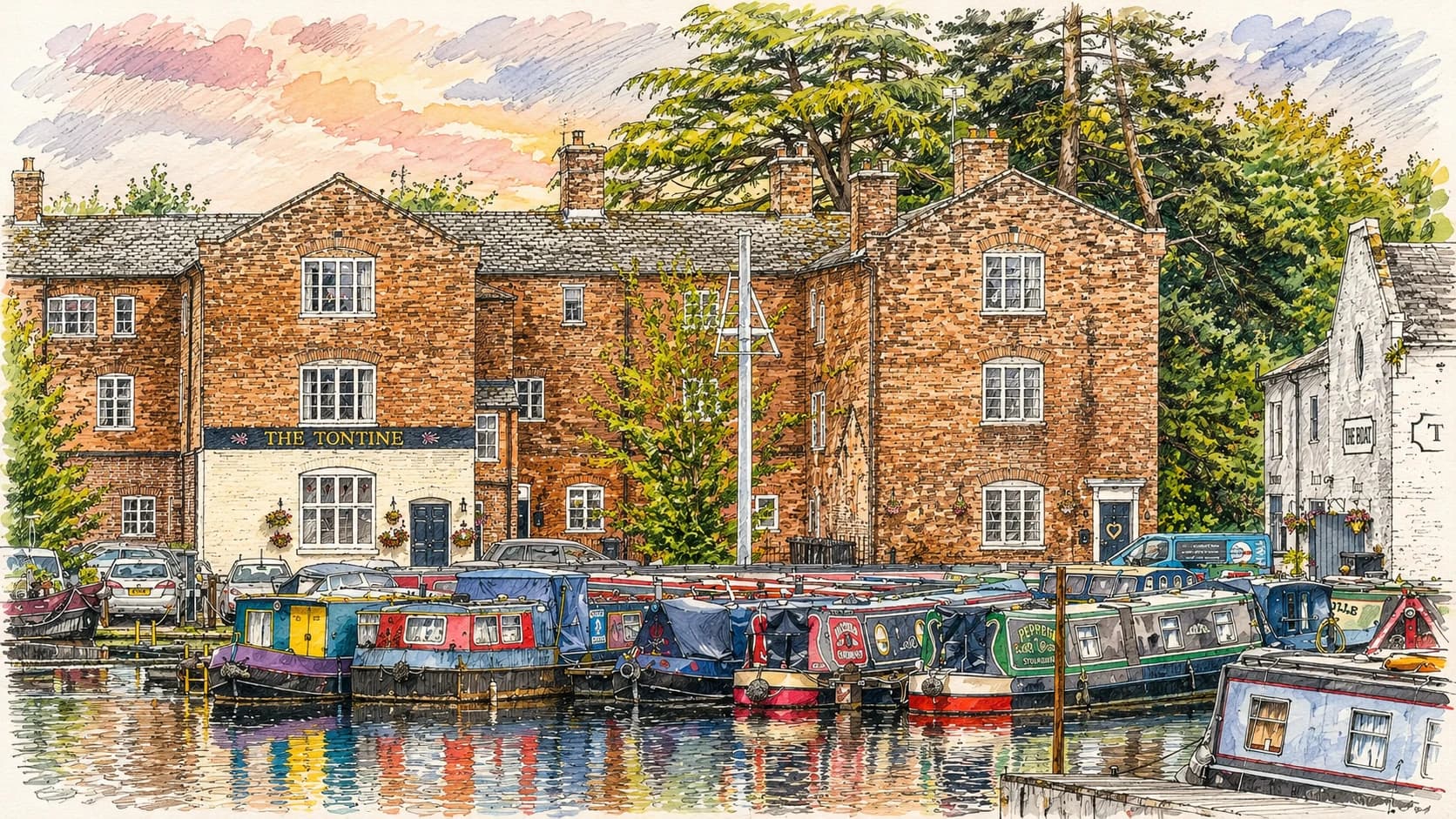 Sketch of narrowboats at the canal basins in Stourport-on-Severn