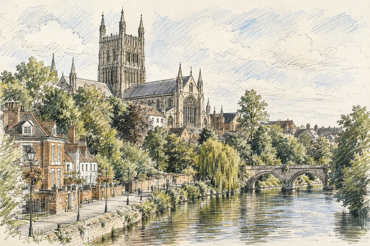 Illustrated view of Worcester Cathedral across the River Severn